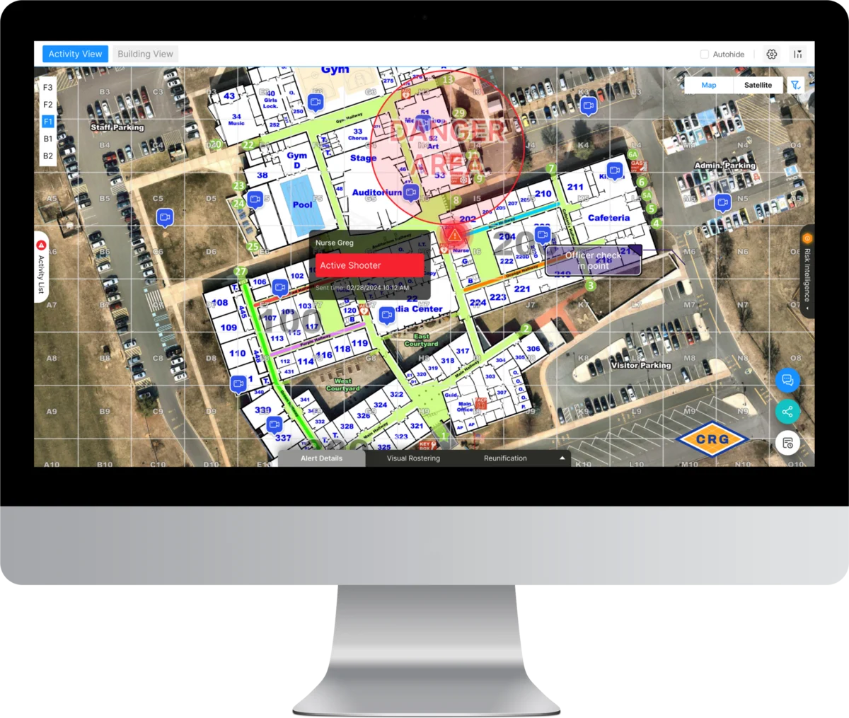 CrisisGo campus map view showing an active alert location