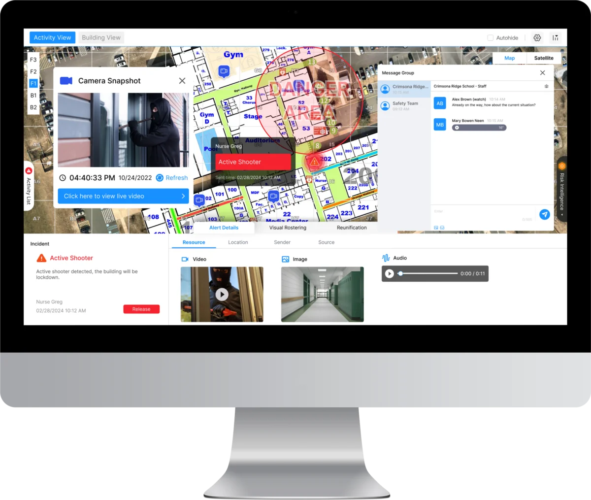 CrisisGo command dashboard with building map, camera snapshot, and active alert