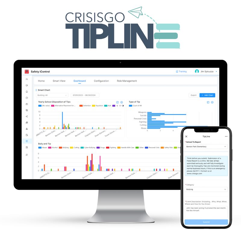 CrisisGo Tipline dashboard and mobile reporting